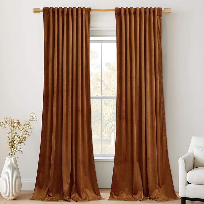 StangH Burnt Orange Velvet Curtains 90 inches - Blackout Energy Efficient Privacy Back Tab Rod Po... | Amazon (US)
