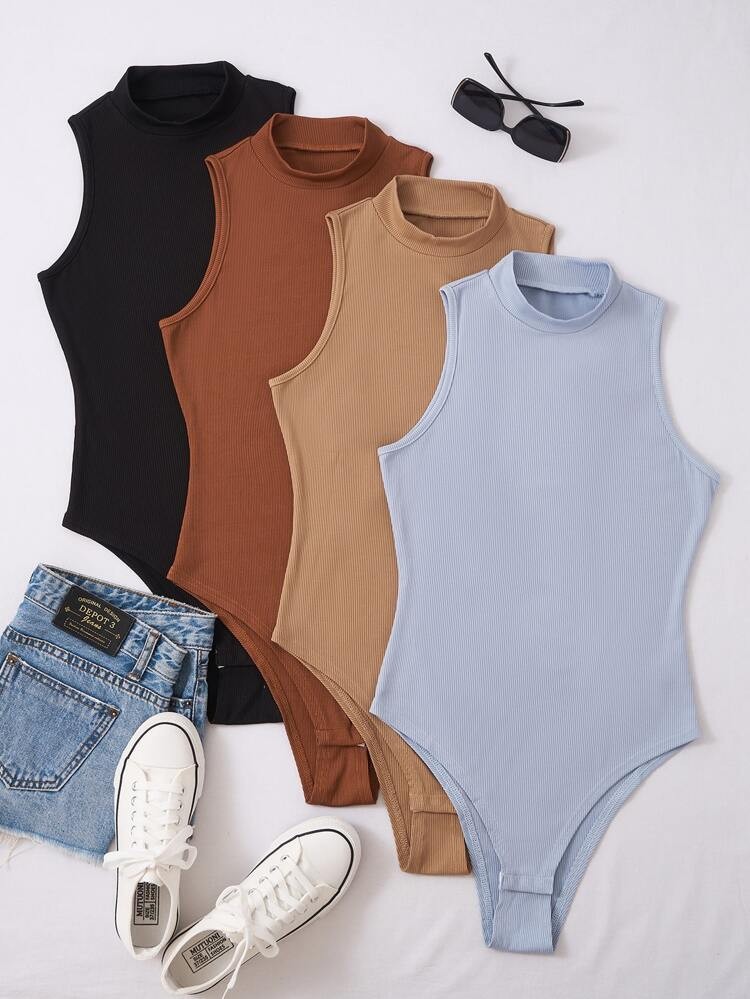 4pack Mock Neck Rib-knit Bodysuit | SHEIN