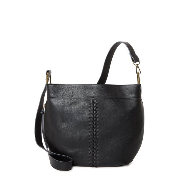 Time and Tru Women's Piper Faux Leather Hobo Handbag Black - Walmart.com | Walmart (US)