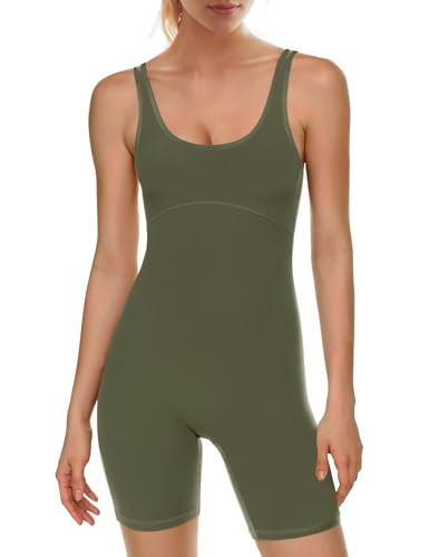 Ellakoko Army Green Jumpsuit for Women Shorts Bodycon Tank Top Yoga Romper Sleeveless Scoop Neck Active Unitard Comfy Strappy Bodysuit Seamless One Piece Workout Onesie Army Green L | Amazon (US)
