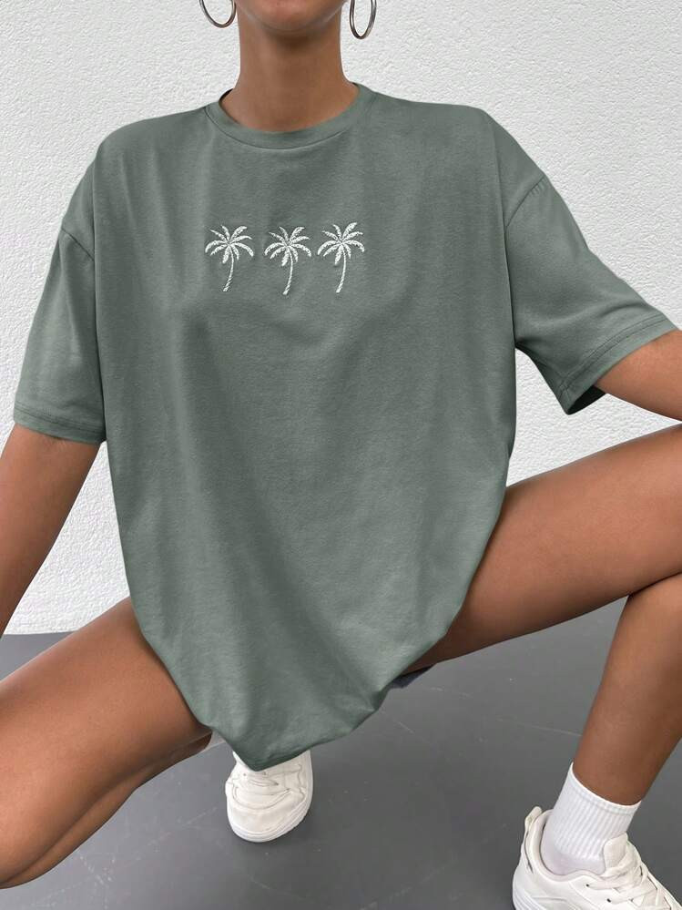 Cottnline Tropical Print Drop Shoulder Tee | SHEIN