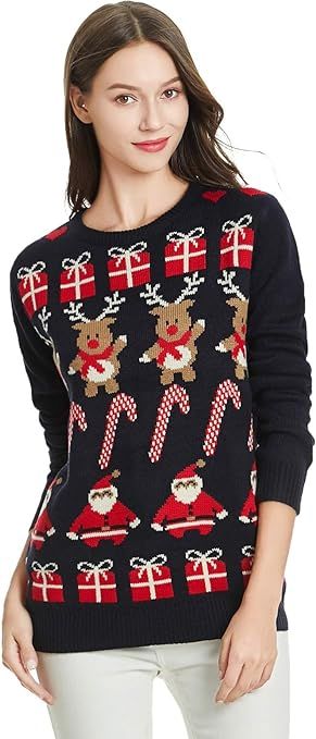 Women's Christmas Reindeer Themed Knitted Holiday Sweater Girl Pullover | Amazon (US)
