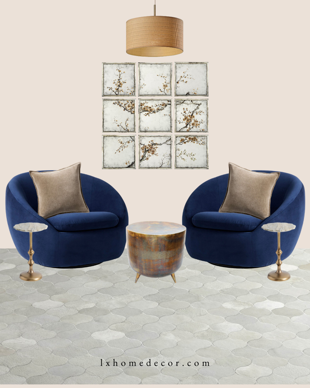 Royal Blue & Metallic Accents 💙✨

I’m centering this living room edit around these sculptural, deep blue swivel chairs. The rich velvet texture looks stunning against the grid of floral art and the metallic, drum-style coffee table. Adding a textured drum pendant and marble-topped side tables brings in that high-end, layered feel. Tap to shop this sophisticated space!

#LTKhome #LivingRoomInspo #VelvetChairs #ModernLuxury #InteriorDesign 

 #LTKSpringSale #LTKHome #LTKSaleAlert