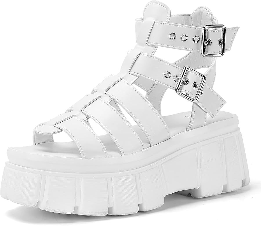 KEIIYJ Women's Platform Gladiator Sandals Chunky Open Toe Multi Buckle Ankle Fax Leather Goth San... | Amazon (US)