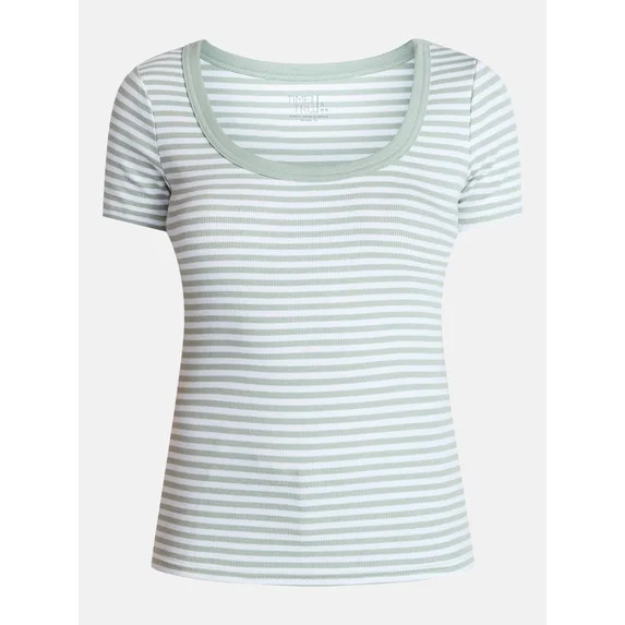 Time and Tru Women's Ribbed Scoop Neck Tee with Short Sleeves, Sizes XS-XXXL | Walmart (US)