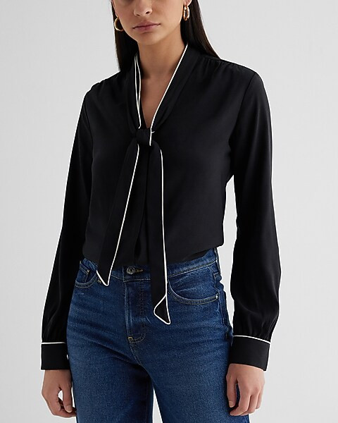 Satin Tipped Tie Neck Slim Portofino Shirt | Express