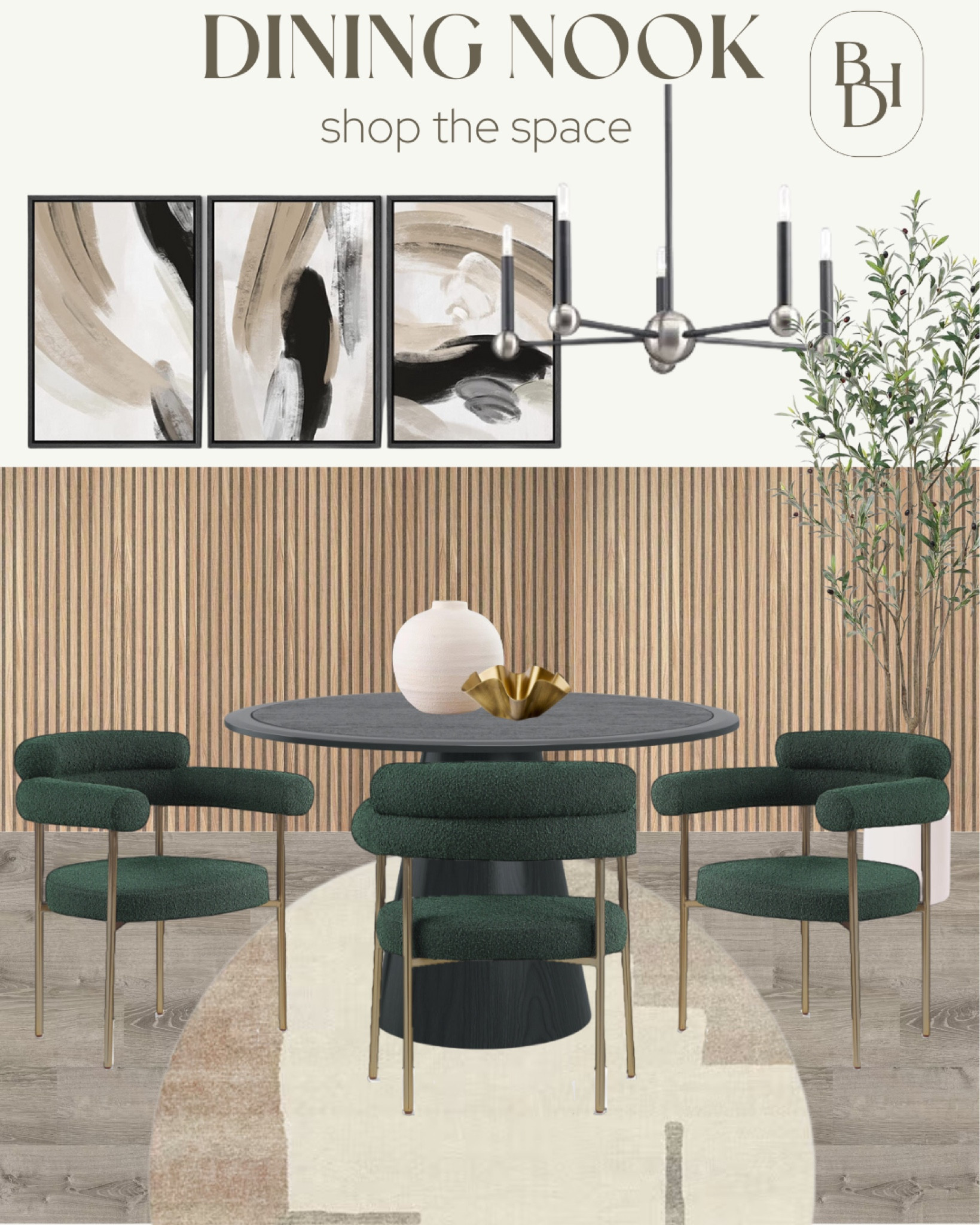  Beautiful dining room or dining nook design by yours truly! Round pedestal table with green boucle dining chairs. Round rug olive tree and vases. Modern abstract wall art. 

#LTKHome #LTKStyleTip #LTKSaleAlert