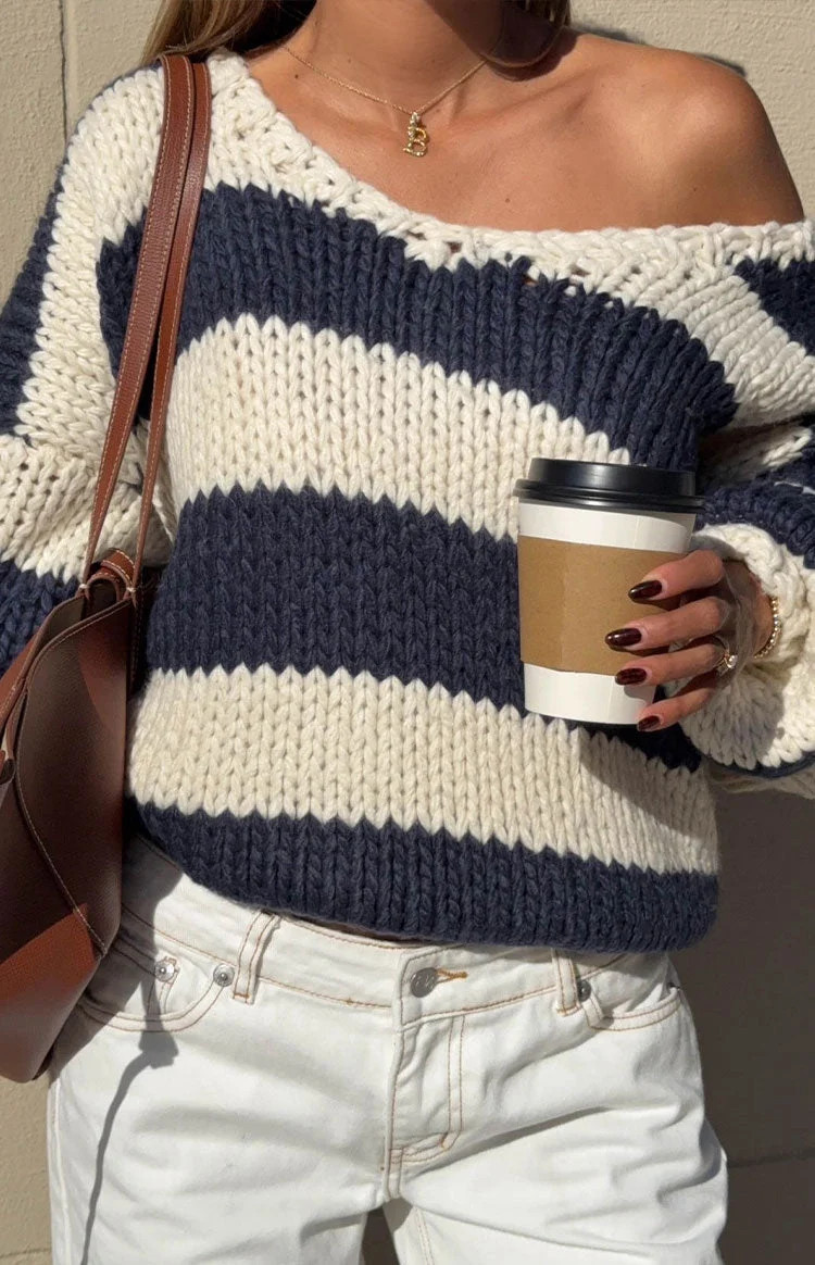 Delvey Navy Striped Chunky Knit Sweater L/XL | Beginning Boutique (US)