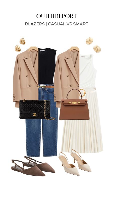 Beige camel blazer outfit casual and smart in blue denim jeans Chanel flap classic brown handbag ballet flats and sling backs midi skirt black and white top 

#LTKworkwear #LTKshoecrush #LTKstyletip