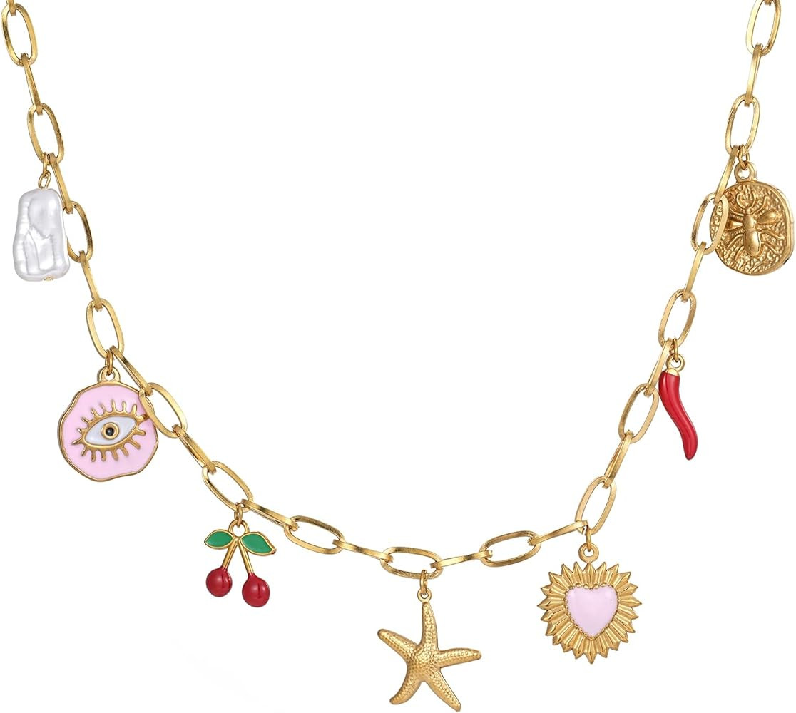 Trendy Stainless Steel Gold Plated Charm Necklace with Heart Pearl Pepper Conch Ceramic Pendant N... | Amazon (US)