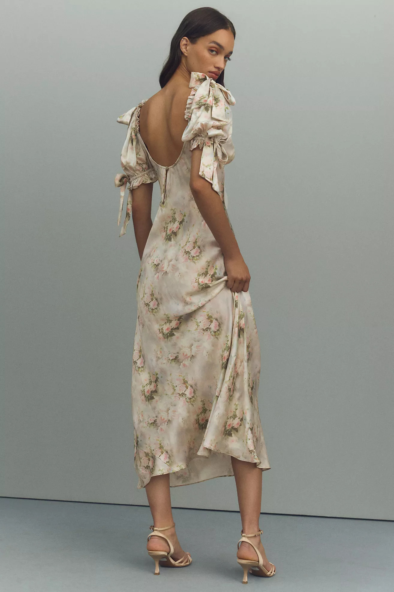 Selkie Poet Puff-Sleeve Sweetheart Silk Charmeuse Slip Midi Dress | Anthropologie (US)
