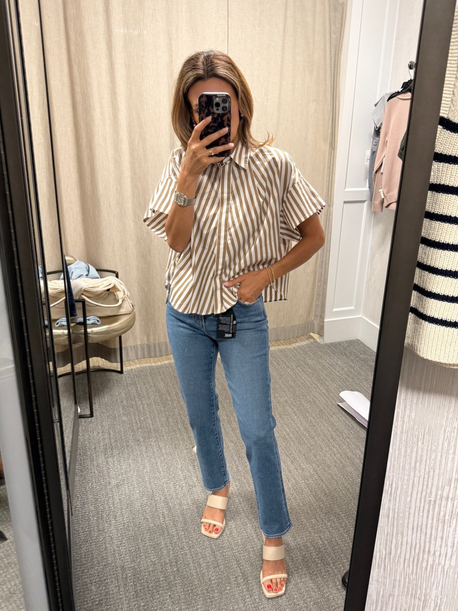 This is one of those outfits that you can wear anywhere. The Rag and Bone striped button up, Paige jeans, and Vince sandals are timeless staples and all part of the Nordstrom sale! Everything is linked here🤍 #Nordstrom #Anniversarysale

#LTKStyleTip #LTKSaleAlert #LTKSeasonal