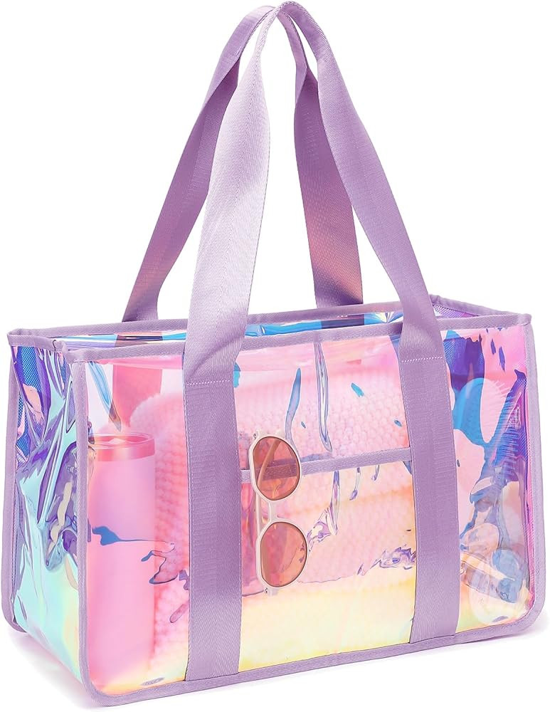 Iridescent Clear Beach Bag for Women, Large Pool Tote Cruise Vacation Essentials - Waterproof, Zi... | Amazon (US)