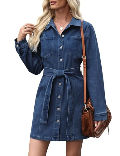 Nitzana Women's Denim Dress Fall Winter Long Sleeve Jean Dress Button Down Denim Shirt Dresses with Pocket 2025 Trendy Outfits(Dark Blue,S) | Amazon (US)