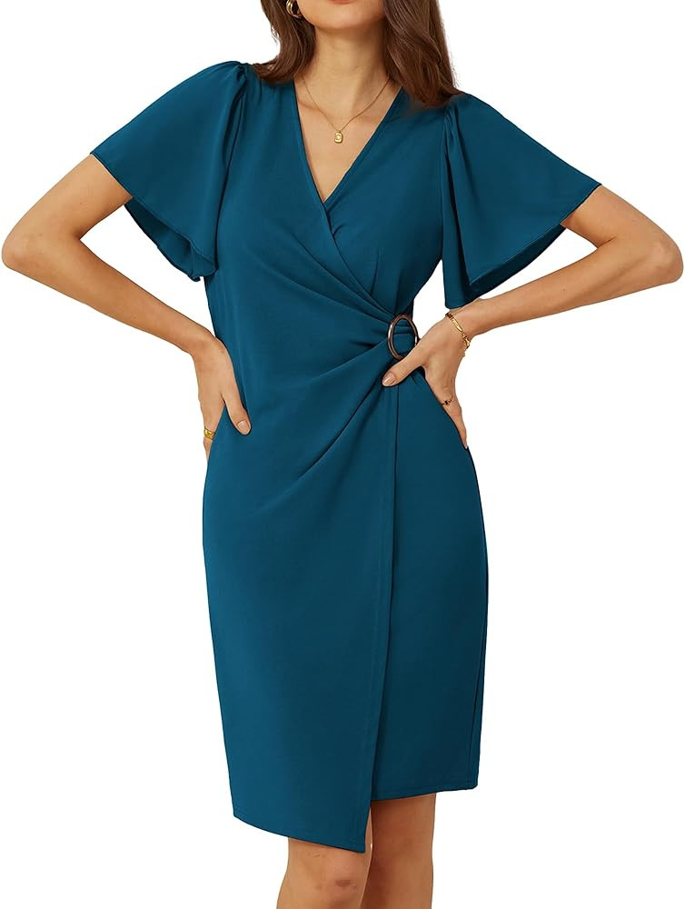 GRACE KARIN Women Sheath Wrap V Neck Bodycon Midi Dress Ruffle Sleeve Ruched Split Formal Cocktai... | Amazon (US)