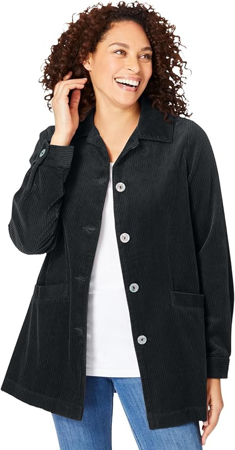 Woman Within Plus Size Pleat-Back Corduroy Jacket Long Oversized Barn Coat | Amazon (US)