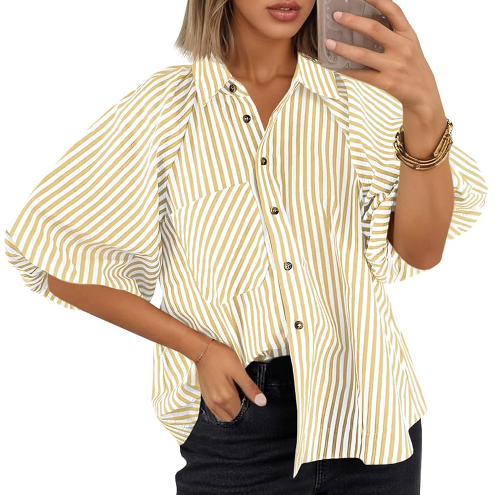 Tankaneo Womens Short Puff Sleeve Button Down Shirts Striped Trendy Casual Loose Fit Blouse V Nec... | Amazon (US)