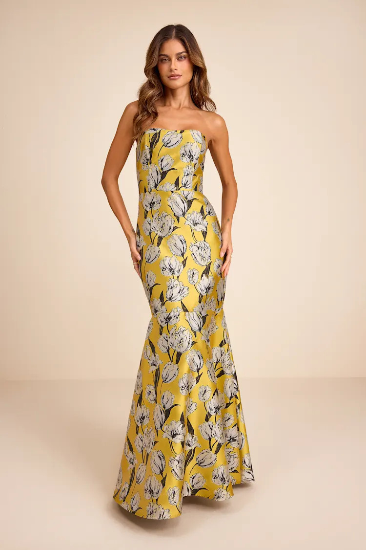 Gowning Around Yellow Floral Jacquard Strapless Maxi Dress | Lulus
