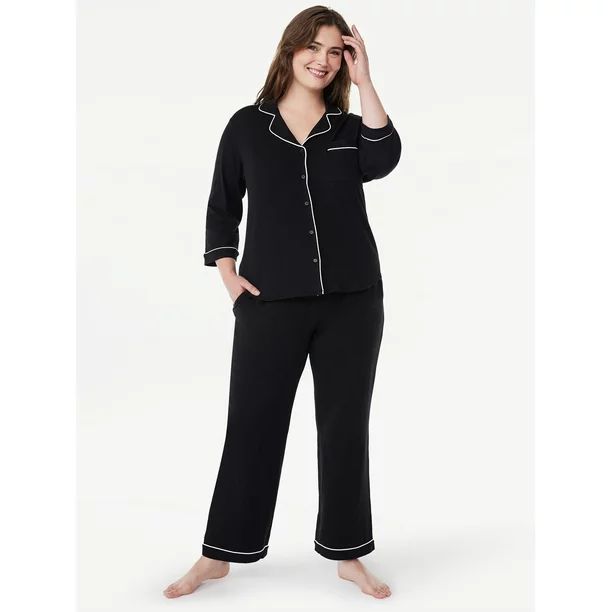Joyspun Women’s Knit Notch Collar Top and Pants Pajama Set, 2-Piece, Sizes S to 4X | Walmart (US)