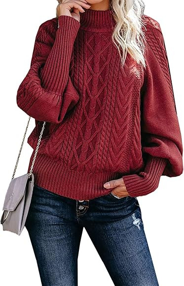 CORAFRITZ Women's Winter Casual Long Sleeve Solid Color Cable Knit Balloon Sleeve Mock Neck Sweat... | Amazon (CA)