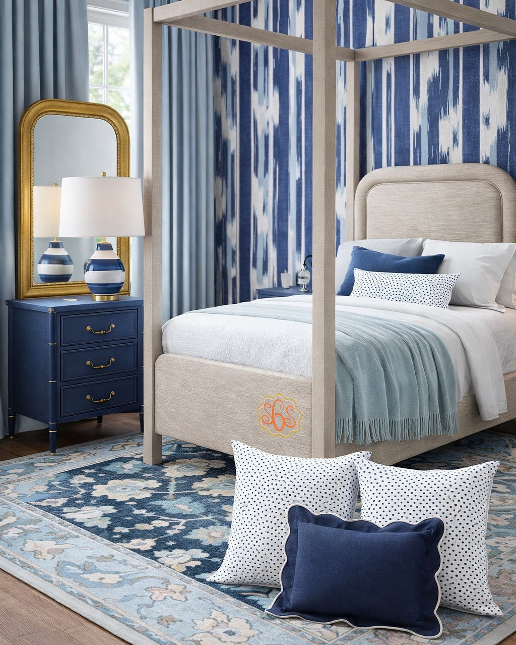 Classic blues with a grandmillennial twist 💙✨

This cozy bedroom look mixes timeless patterns, soft textures, and tailored details for that polished-but-inviting feel. From the chic upholstered canopy bed to the tailored navy nightstand and layered pillows, every piece adds depth while keeping the palette calm and sophisticated.

Perfect for creating a serene, classic space that still feels fresh and current. Shop all the pieces linked ✨

#LTKSeasonal #LTKKids #LTKHome