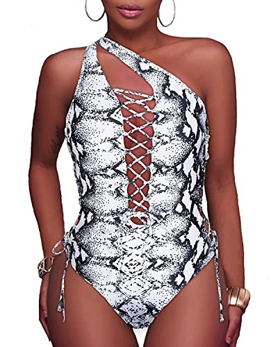 Holipick Women Snakeskin Sexy One Piece Swimsuit One Shoulder Bathing Suit Lace Up Monokini Swimwear XL | Amazon (US)