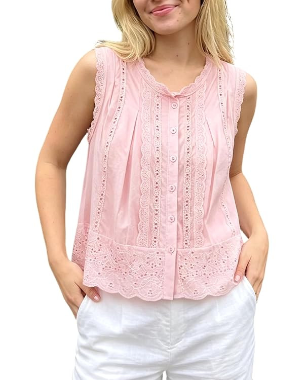 Women Boho Lace Trim Tank top Sleeveless Button Down Front Tie Lace Babydoll Tops Flowy Crop Top ... | Amazon (US)