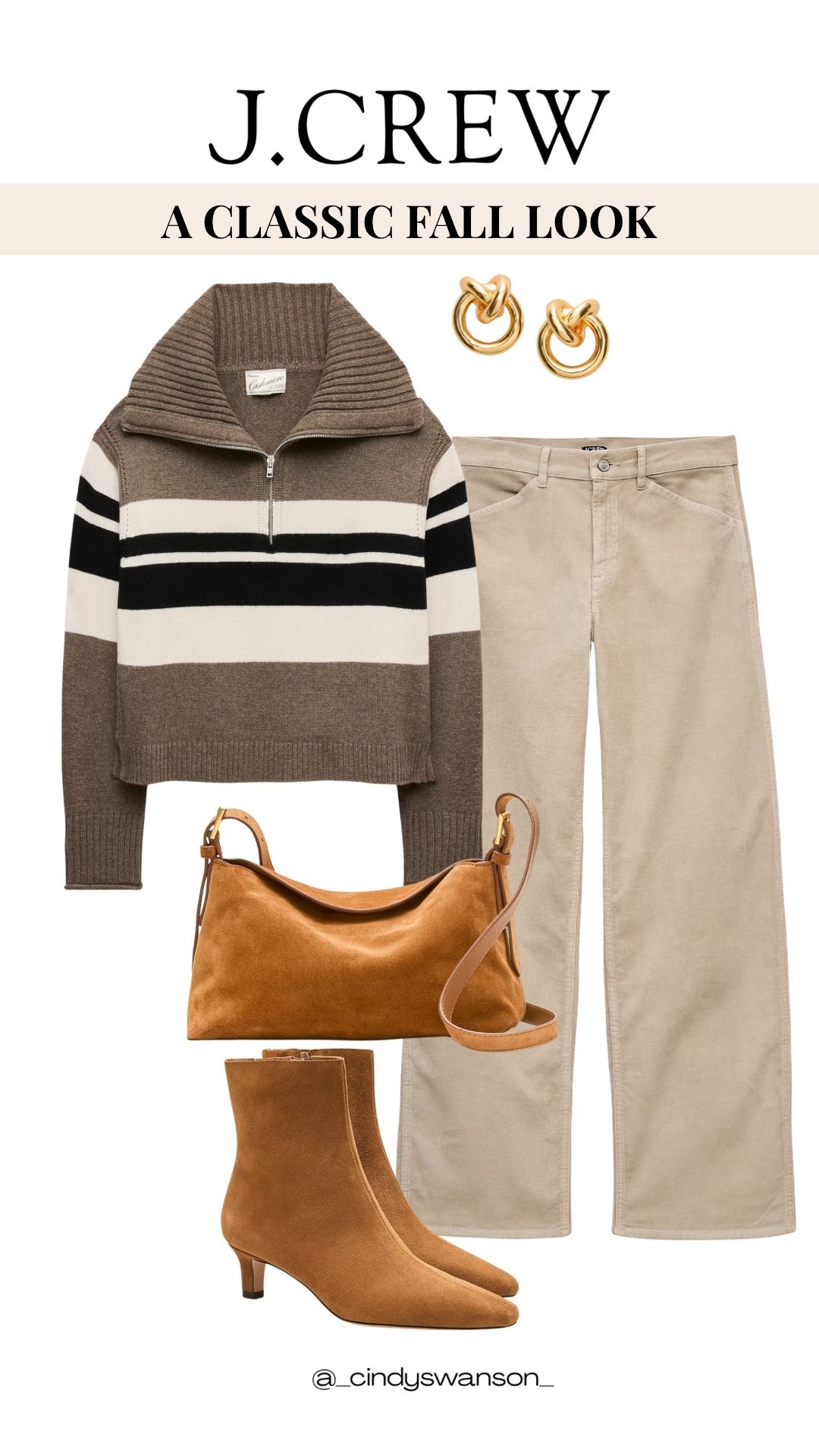 This J.Crew fall look is such an easy take on modern classic style, rich brown, cream, and black with just enough contrast to keep a neutral outfit interesting. I love the mix of the striped quarter-zip sweater with relaxed light trousers and warm suede accessories.

#LTKootd #LTKOver40 #LTKActive