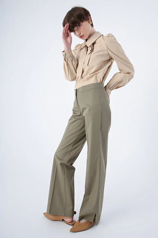 ALLDAY Hose mit weitem Bein aus khakifarbenem Baumwoll-Lycra mit Bügelspuren und Schlitzen an de... | Trendyol DE