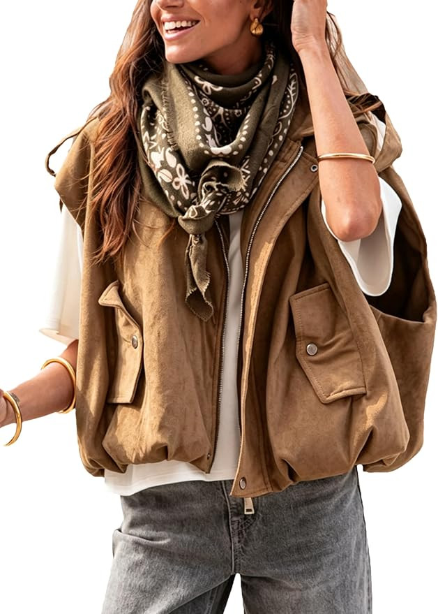Womens Faux Suede Vest Cropped Bomber Jacket Casual Sleeveless Streetwear Top Vests Trendy | Amazon (US)