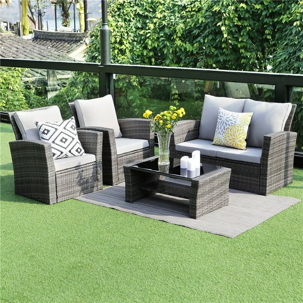 5 Piece Outdoor Patio Furniture Sets, Wicker Rattan Sectional Sofa with Seat Cushions, Gray | Walmart (US)