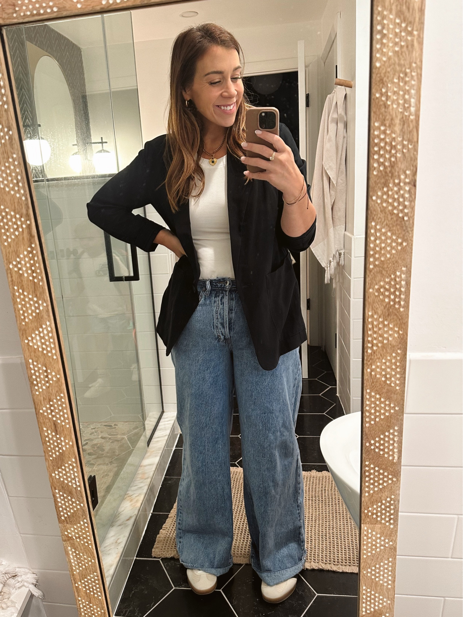 Can’t go wrong with this combo. 
Blazer: M 
Bodysuit: L
Jeans: 8 
Business casual. Mom ootd. Elevated casual  

#LTKWorkwear #LTKMidsize #LTKStyleTip