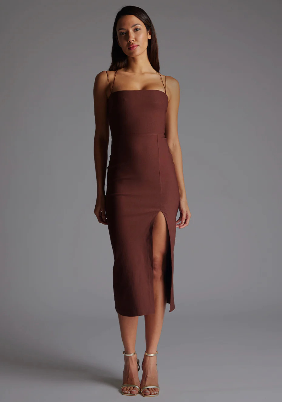 Alyssa | Strappy Thigh Split Chocolate Midaxi Dress | VSPR UK