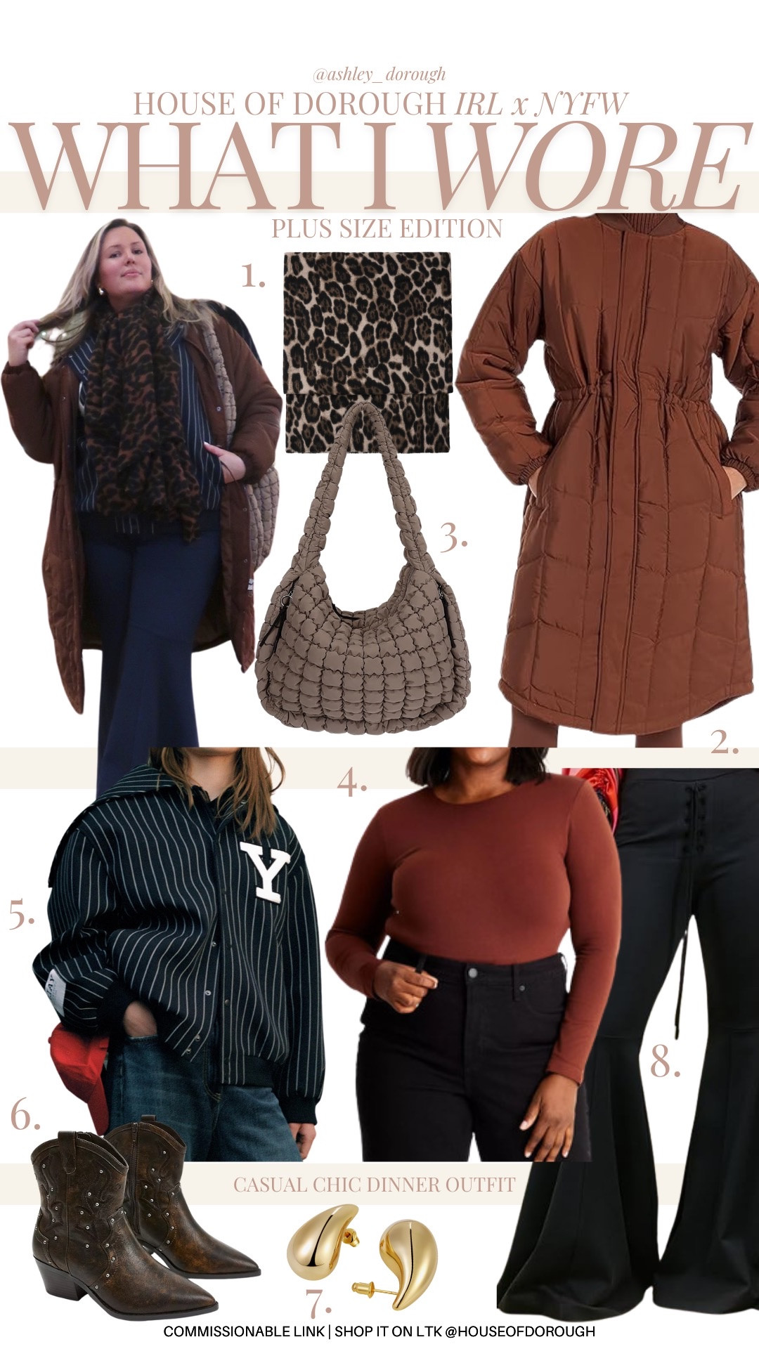 NYFW x WHAT I WORE: dinner night one !!  pants are Amazon the drop 2X they run generous -ish… get your regular size! I loooove them! Top is the Target brown long sleeve bodysuit from the fall .. lane Bryant studded boots, Zara Yale jacket in xxl, Amazon essentials brown coat size up one, I’m in the 3x! My staple Amazon bag and Earrings are the Amazon gold tear drop ones!

#LTKPlusSize #LTKNYFW #LTKStyleTip