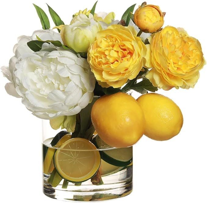 12" Hx17 W Silk Peony, Ranunculus Flower Arrangement w/Lemon & Lime in Glass Vase -Yellow/White | Amazon (US)