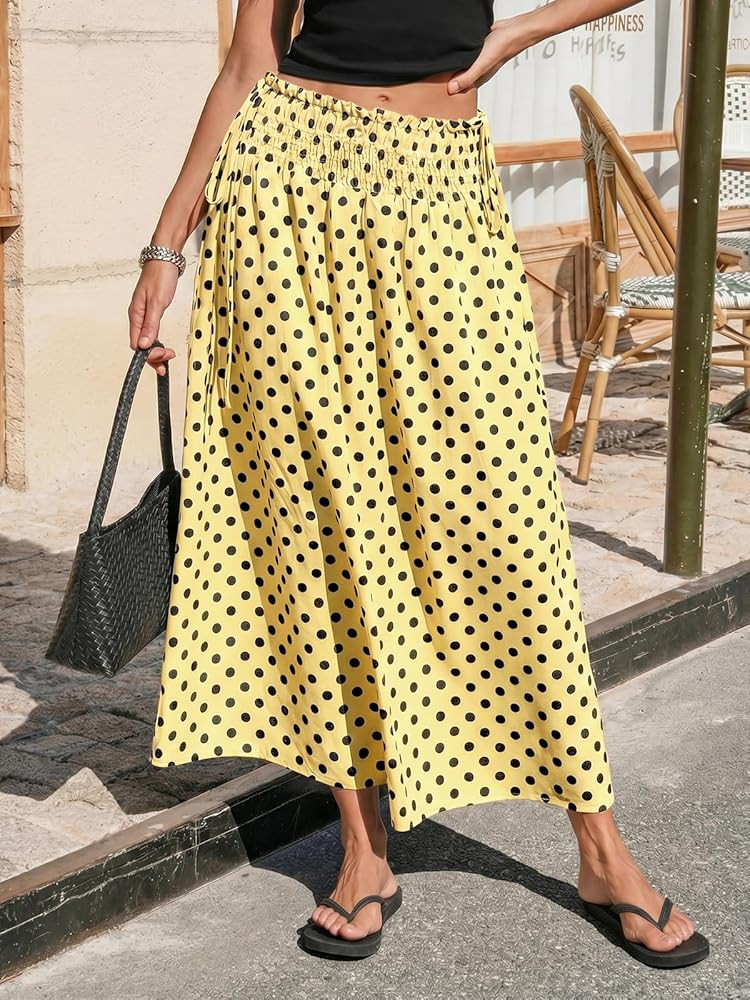 Tankaneo Womens Polka Dot Maxi Skirts Boho Smocked High Waisted Tie Skirt Casual Beach Vacation D... | Amazon (US)