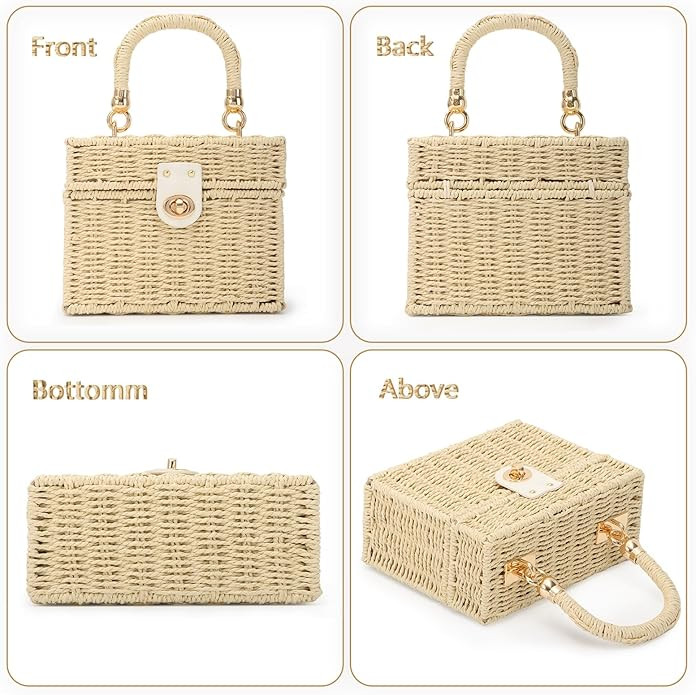 Women Handwoven Rattan Handbag Beach Straw Tote Bag Square Boho Crossbody Bag | Amazon (US)