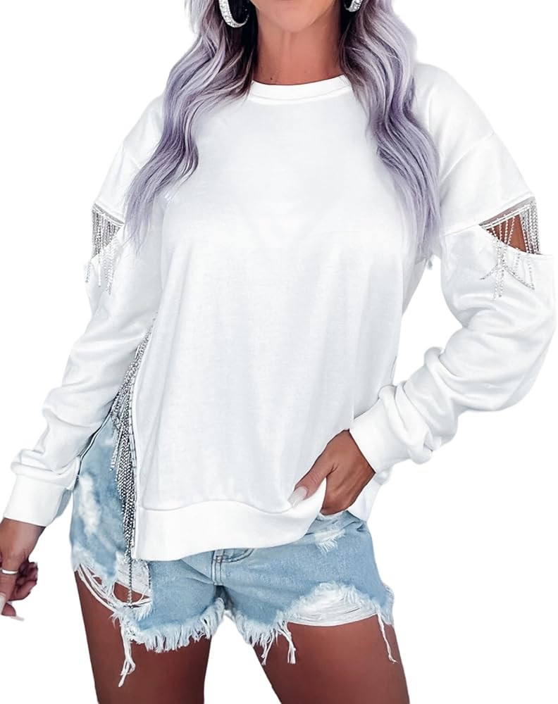 Womens Rhinestone Fringe Top Casual Long Sleeve Pullover Crewneck Sweatshirts | Amazon (US)