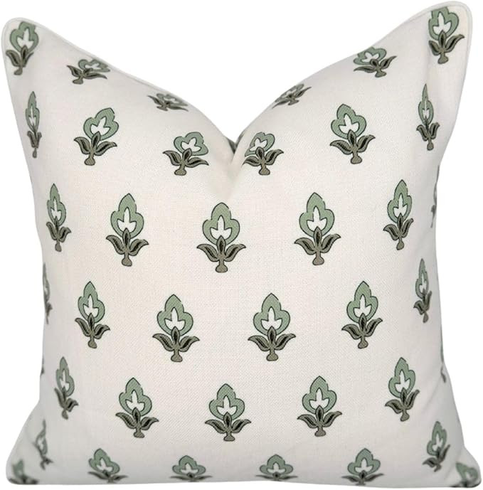 “The Poppy” Floral Block Print Pillow Cover – Green Leaf Decorative Throw Pillow Cover with... | Amazon (US)