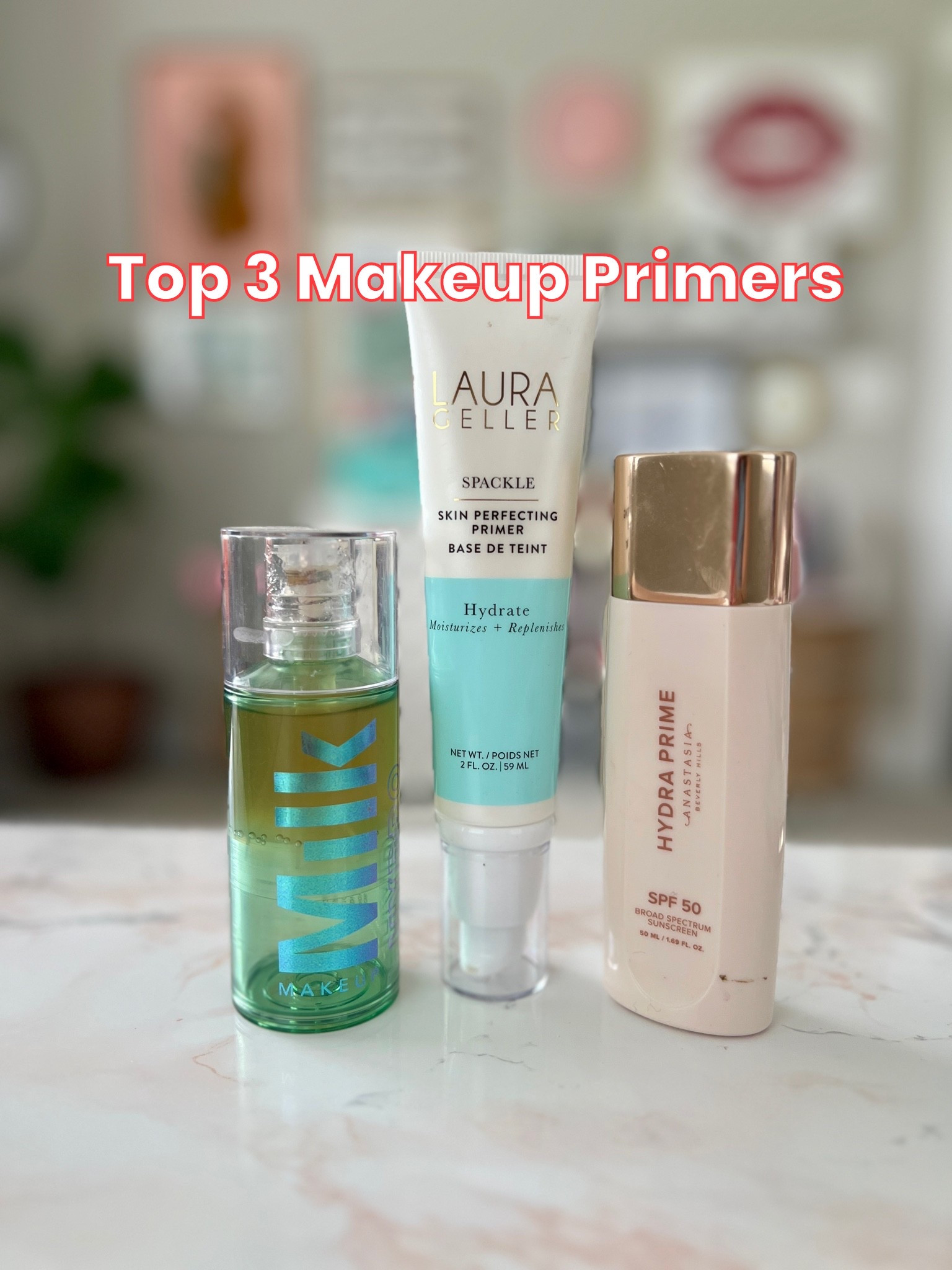 If I had to choose my top three make up skin primers for dry mature skin like I have, it would be these three. The Anastasia Beverly Hills one does include SPF 50 which is great. The milk makeup one has major grip to it, and the Laura Geller one feels smooth and silky. ￼