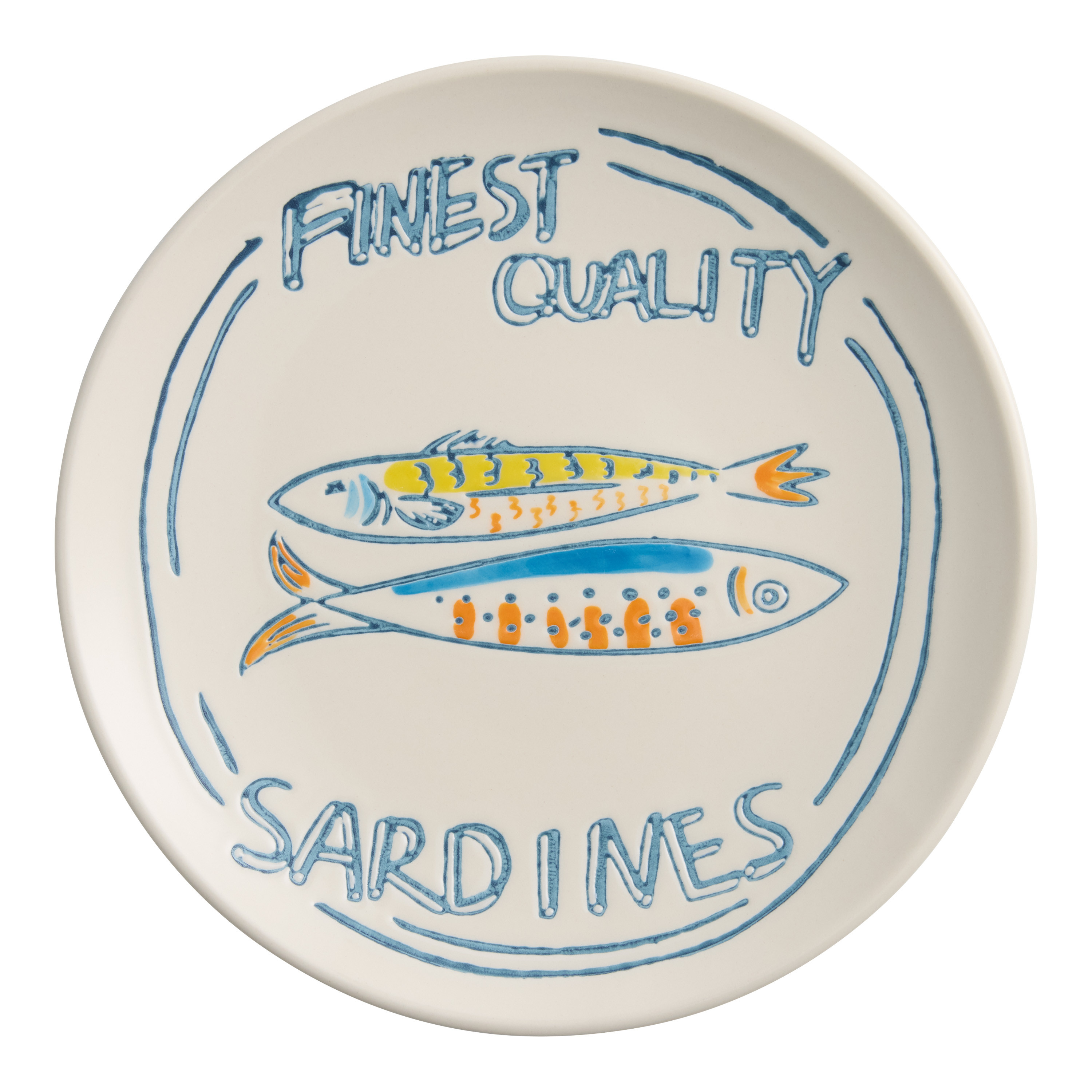 Ivory and Blue Wax Resist Sardines Hand Painted Salad Plate | World Market