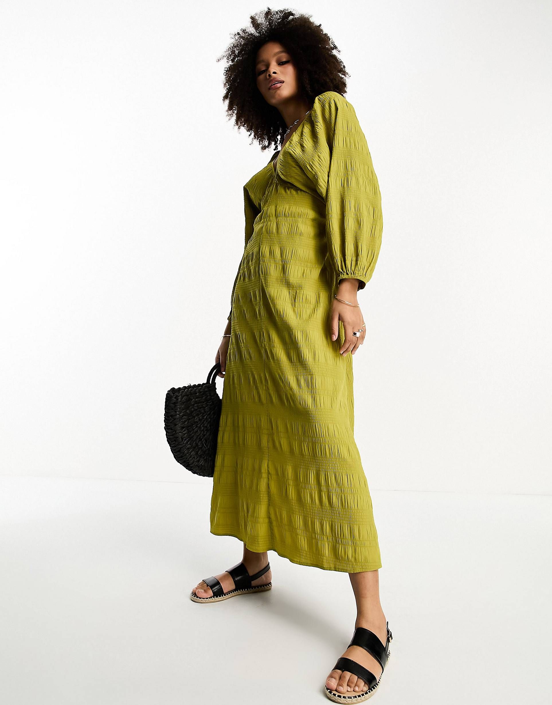 ASOS DESIGN textured v neck batwing midi dress with open back in olive  | ASOS | ASOS (Global)