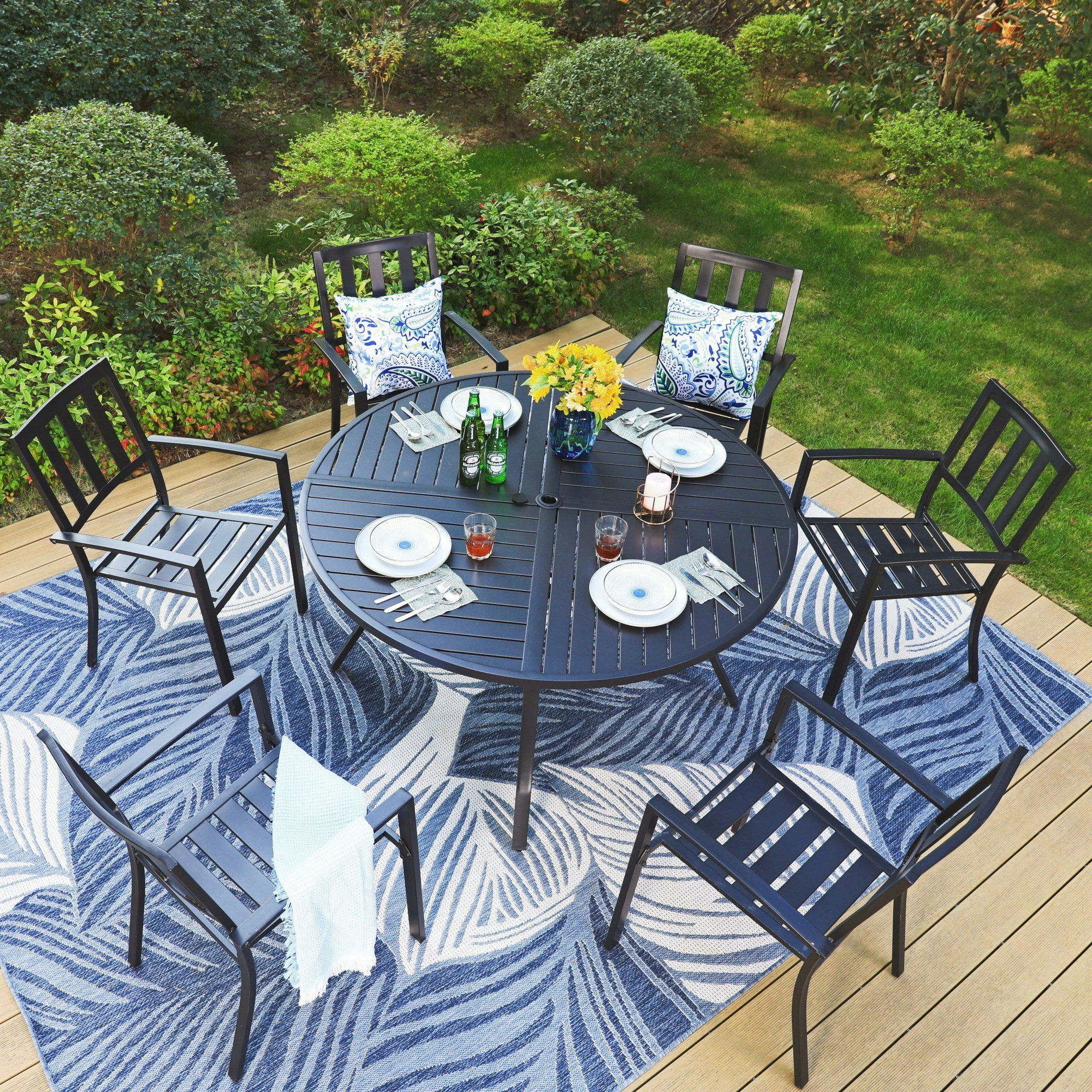 MF Studio 7-Piece Outdoor Dining Set with Large Round Patio Table & Stacking Chairs, Metal Steel,... | Walmart (US)