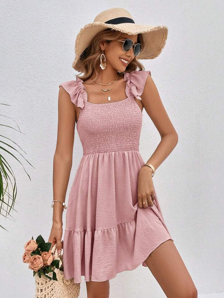 SHEIN VCAY Solid Ruffle Trim Dress | SHEIN