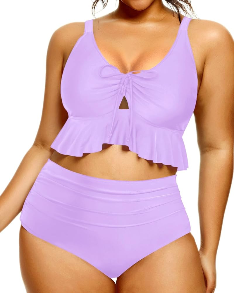 Daci Women Plus Size Two Piece Swimsuits High Waisted Bikini Set Ruffle Flounce Tummy Control Bat... | Amazon (US)