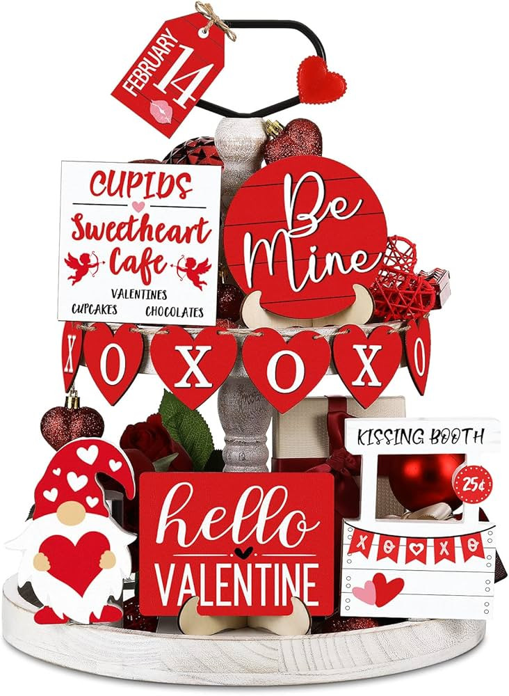 Jetec 12 Pcs Valentine's Day Tiered Tray Decor Set Valentines Heart Wood Sign Gnome Truck Rustic ... | Amazon (US)