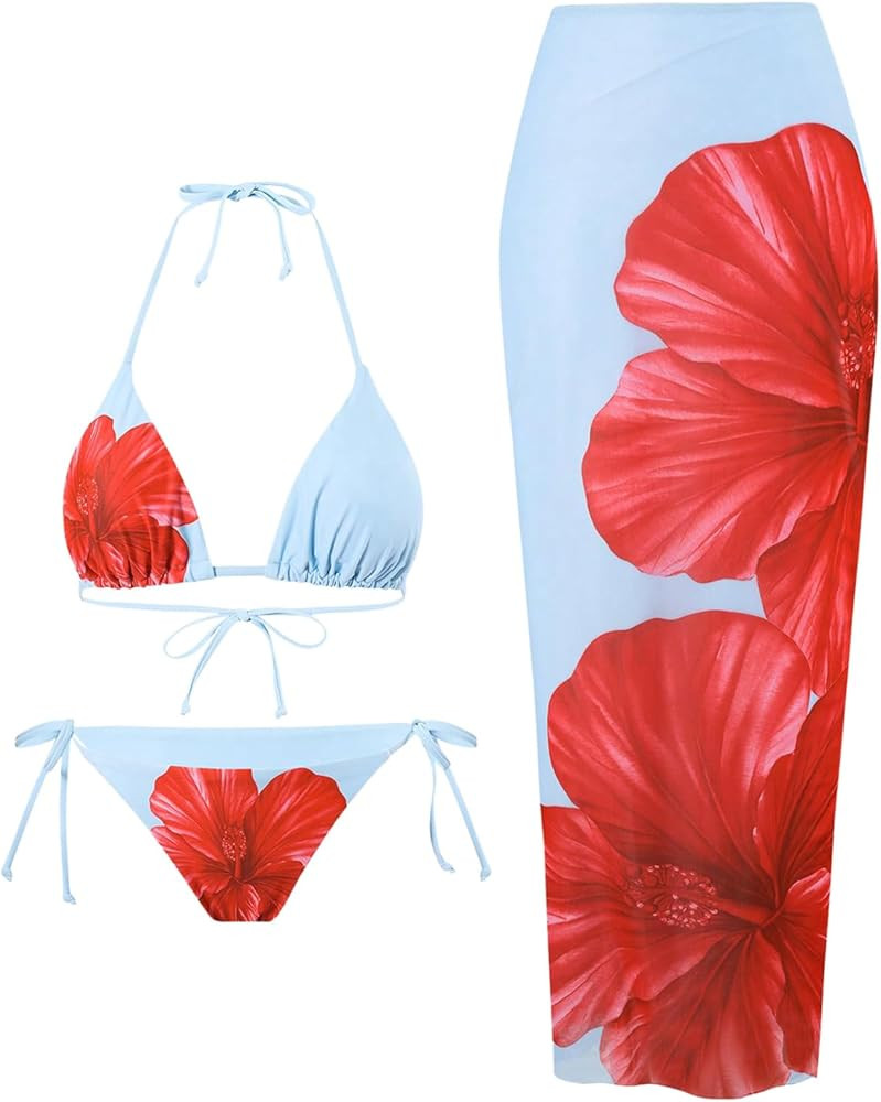 WDIRARA Women's Bikini Sets Floral Print Triangle Halter Tie Back Swimsuit with Cover Up Skirt | Amazon (US)