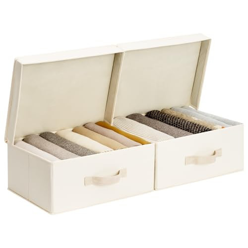 StorageWorks Storage Bins with Lid, Decorative Fabric Storage Bins with Handles, Stackable Closet Organizers for Shelves and Bedroom, Small, Beige(Cotton Linen), 2-Pack | Amazon (US)