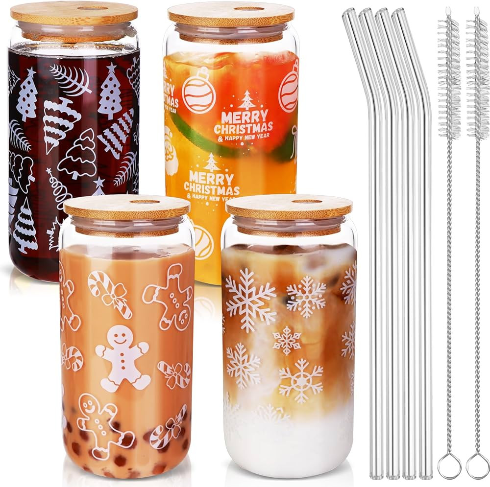 Mkhaslri 4Pcs Christmas Glass Cups with Lids and Straws,16oz Iced Coffee Cups with Lids Christmas... | Amazon (US)