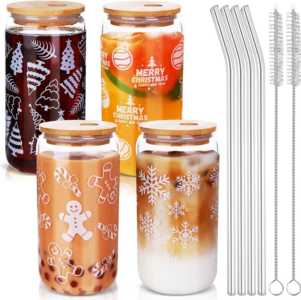Mkhaslri 4Pcs Christmas Glass Cups with Lids and Straws,16oz Iced Coffee Cups with Lids Christmas... | Amazon (US)